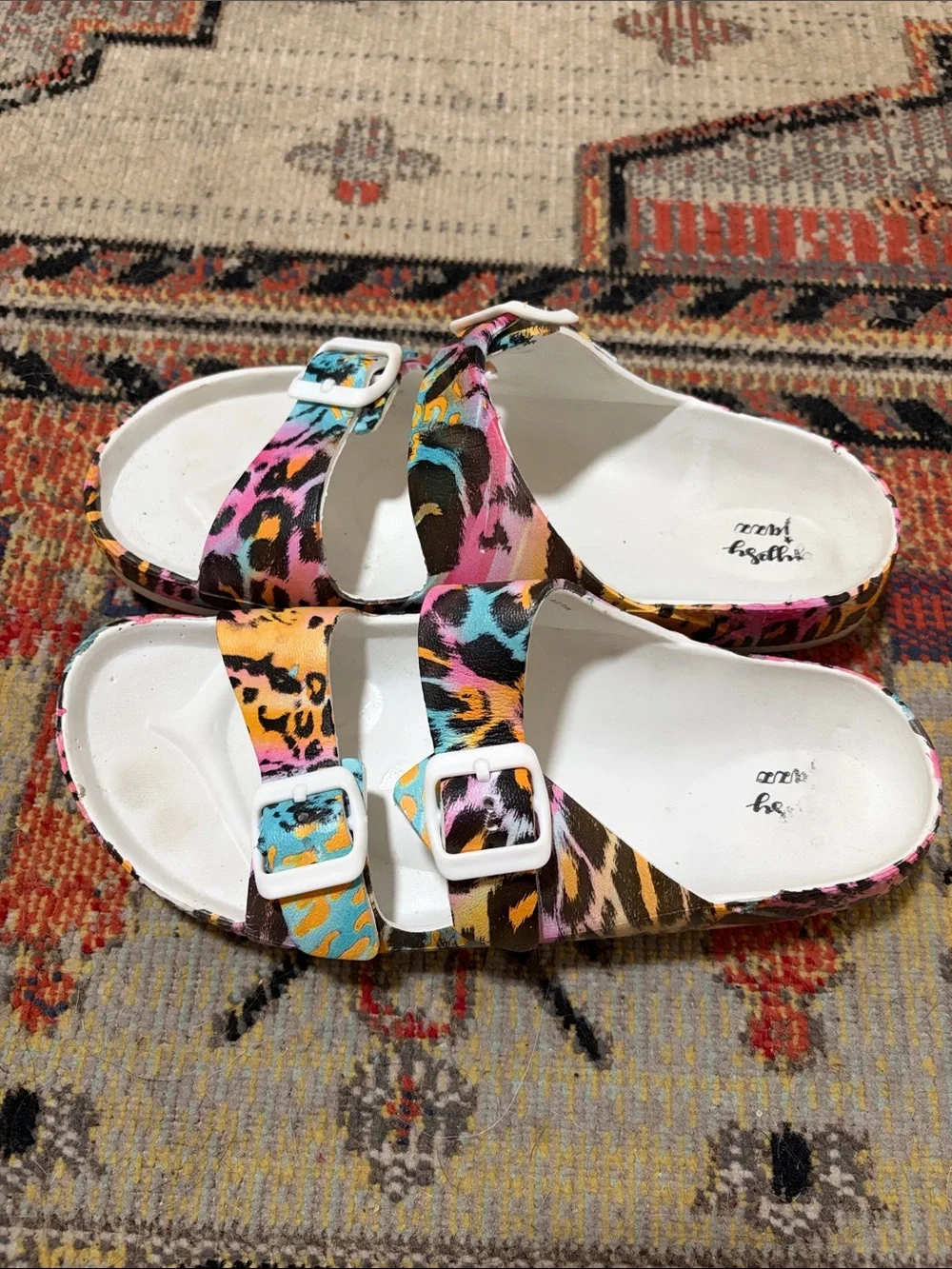 Gypsy Jazz White Footbed Multicolor Leopard Buckle Slide Sandals
